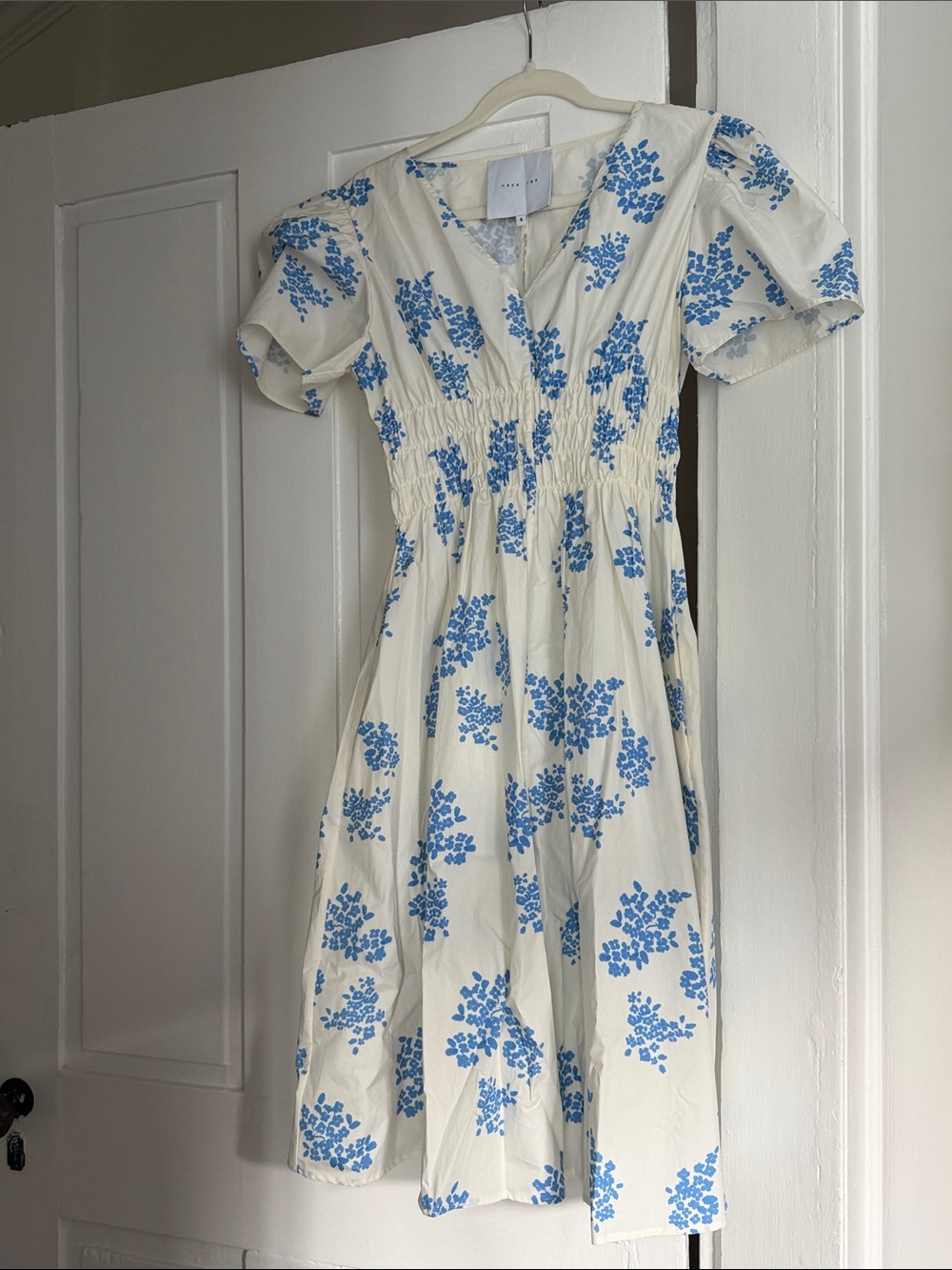 Naya rea Smocked Waist White Dress with Blue Floral Print 8